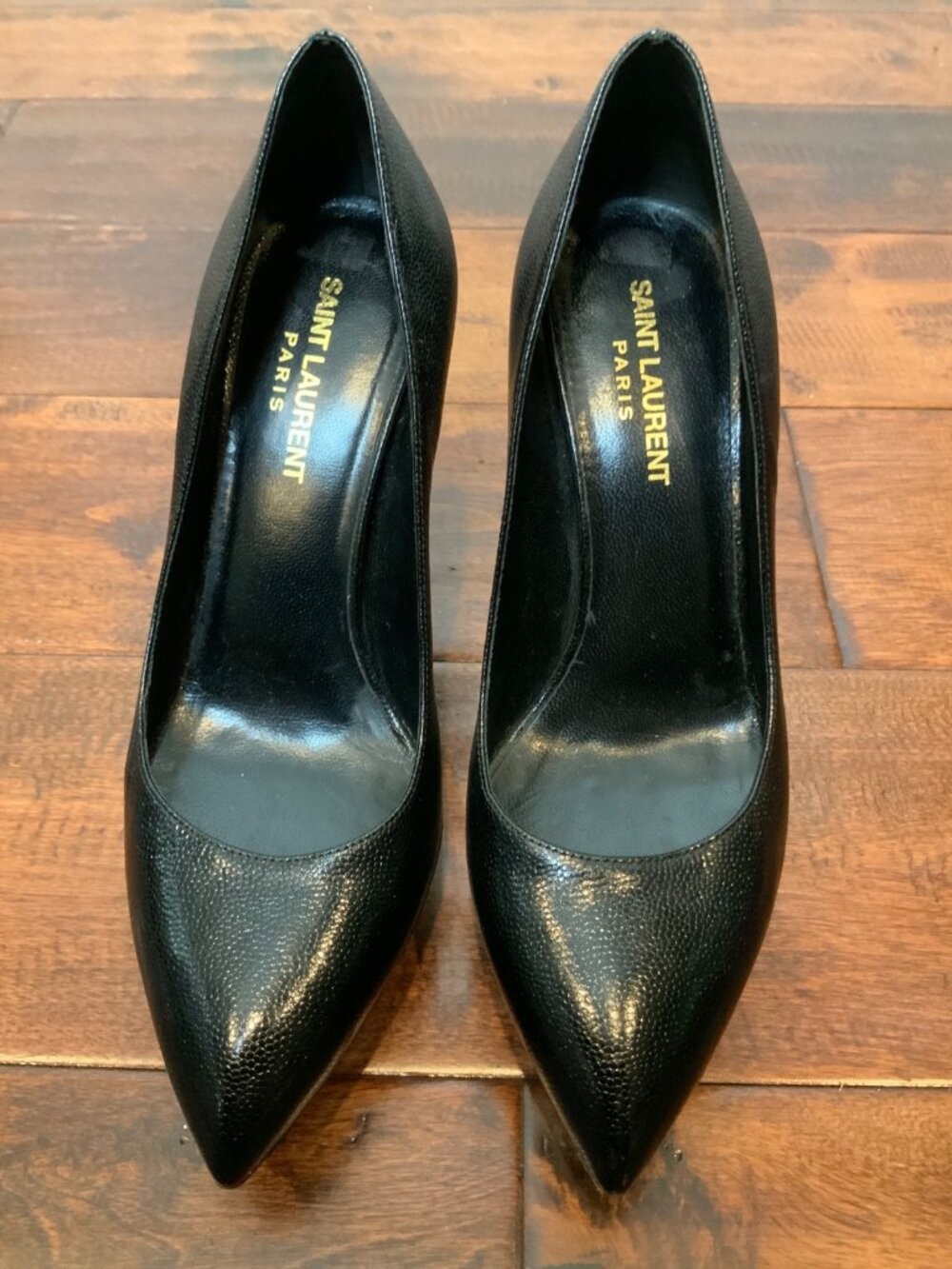Saint Laurent Black Pebbeled Leather Platform Stiletto Heels, Size 7 | 37